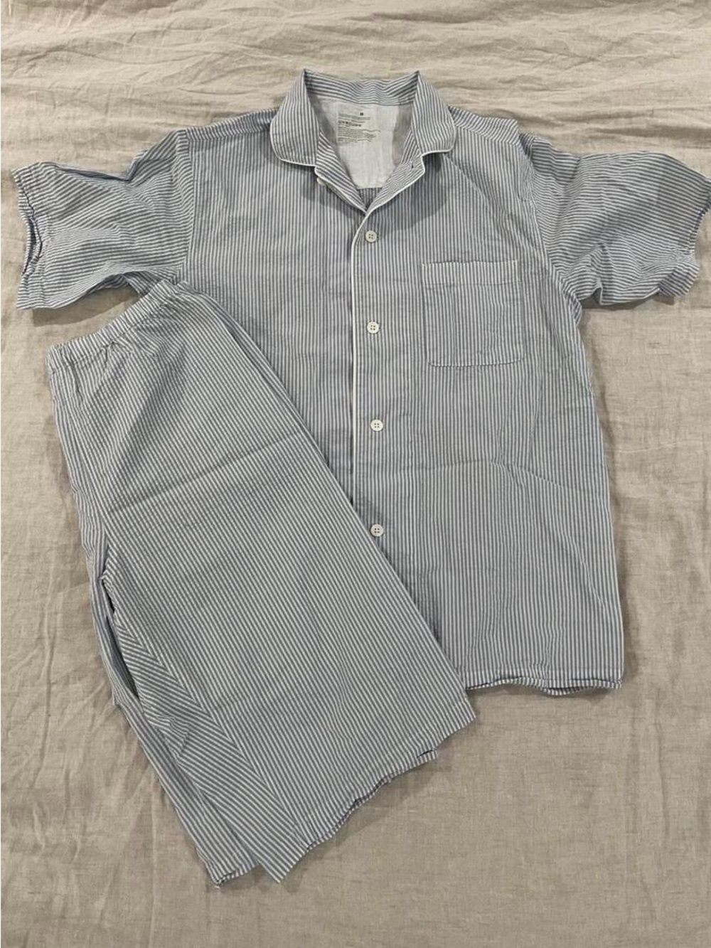 MUJI Blue Stripe Pajama Set - MUJI Men's Side Seamless Seersucker Pajamas Blue